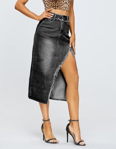 Denim Midi Skirt for Women - High Waisted Split Front Raw Slimming A-line Fit with Hugged HIPS in Saudi Arabia