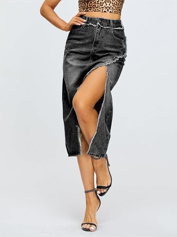 Denim Midi Skirt for Women - High Waisted Split Front Raw Slimming A-line Fit with Hugged HIPS in Saudi Arabia