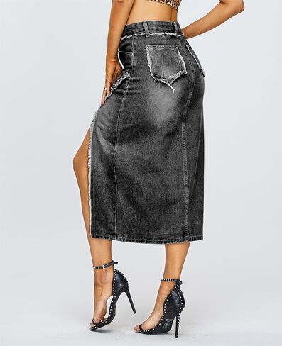 Denim Midi Skirt for Women - High Waisted Split Front Raw Slimming A-line Fit with Hugged HIPS in Saudi Arabia
