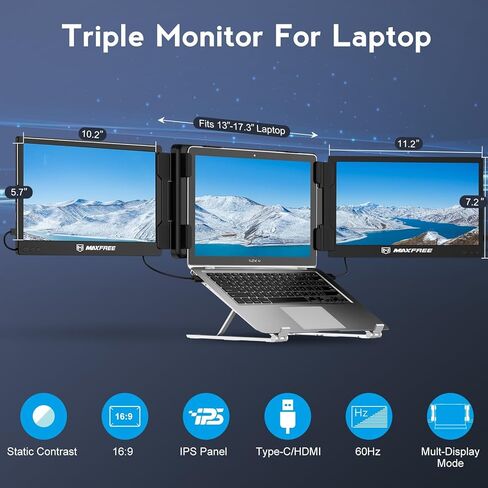 شاشة كمبيوتر محمول ثلاثية X2 11.6 بوصة 1080P FHD IPS 60 هرتز لوحة شاشة قابلة للفصل مع منافذ USB-A/USB-C/HDMI موسع الشاشة يناسب 13 بوصة - 17.3 بوصة ويندوز، كمبيوتر محمول Mac OS، Switch/Xbox/PS5، Android in Kuwait