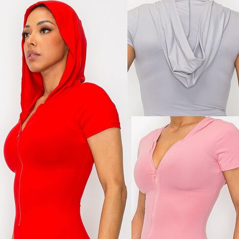 بذلة نسائية بقلنسوة للتمرين بسحاب وأكمام قصيرة مثيرة ضيقة قطعة واحدة in Kuwait