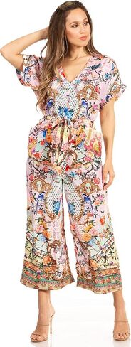 Sakkas Irise Women's Short Sleeve V neck Floral Print Casual Boho Jumsuit Pockets in Saudi Arabia
