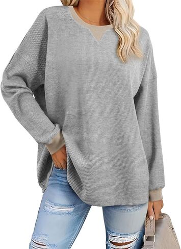 AlvaQ Womens Oversized Sweatshirts 2024 Casual Crewneck Long Sleeve Waffle Knit Tops Pullover Jumper Outfits in Saudi Arabia