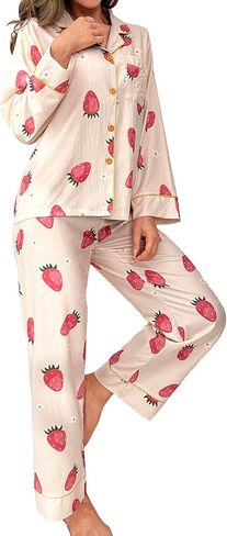 WDIRARA Women's 2 Piece Fruit Pajama Set Strawberry Print Long Sleeve Button Shirt and Pants Sleepwear in Saudi Arabia