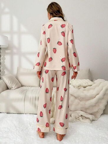 WDIRARA Women's 2 Piece Fruit Pajama Set Strawberry Print Long Sleeve Button Shirt and Pants Sleepwear in Saudi Arabia