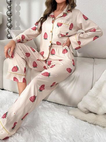 WDIRARA Women's 2 Piece Fruit Pajama Set Strawberry Print Long Sleeve Button Shirt and Pants Sleepwear in Saudi Arabia