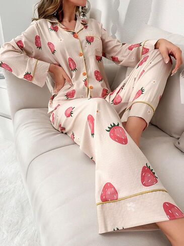 WDIRARA Women's 2 Piece Fruit Pajama Set Strawberry Print Long Sleeve Button Shirt and Pants Sleepwear in Saudi Arabia