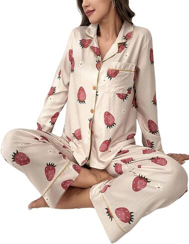 WDIRARA Women's 2 Piece Fruit Pajama Set Strawberry Print Long Sleeve Button Shirt and Pants Sleepwear in Saudi Arabia