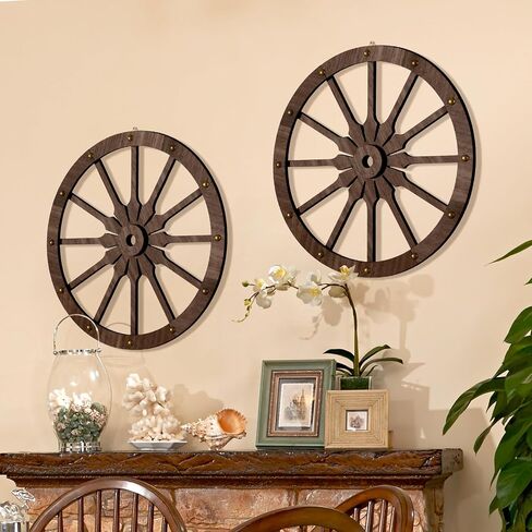 KOYILTD 2 Pcs 12 In Farmhouse Rustic Wagon Wheel Wooden Decoration Western Cowboy Style Home Decorations With Spot Glue Concise Simple Style in Kuwait