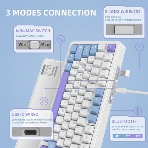 لوحة مفاتيح ميكانيكية لاسلكية X85، TKL 82 مفتاح بلوتوث 5.0/2.4 جيجا هرتز/USB-C لوحة مفاتيح Custon قابلة للتبديل السريع، التحكم في المقبض، هيكل الحشية، لوحة مفاتيح ألعاب بإضاءة خلفية RGB للكمبيوتر/Mac/PS4/Xbox (أرجواني) in Kuwait