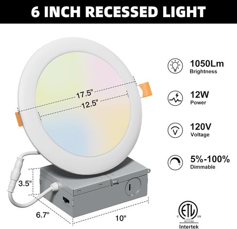 1 حزمة 6 بوصة 5CCT LED إضاءة غائرة - صندوق توصيل، درجة حرارة لون قابلة للتعديل، سطوع - 1050LM، 12W، ETL&FCC in Saudi Arabia