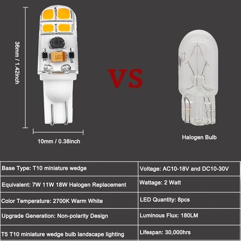 لمبة LED بقاعدة إسفين KAKEMONO T5 T10 2W AC10-18V/ DC10-30V 2700K أبيض دافئ لـ 12V ذات الجهد المنخفض لمسار المناظر الطبيعية على سطح السفينة RV Camper Lights، 10 عبوات in Saudi Arabia