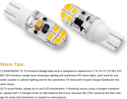 لمبة LED بقاعدة إسفين KAKEMONO T5 T10 2W AC10-18V/ DC10-30V 2700K أبيض دافئ لـ 12V ذات الجهد المنخفض لمسار المناظر الطبيعية على سطح السفينة RV Camper Lights، 10 عبوات in Saudi Arabia