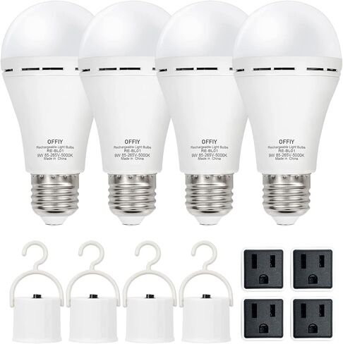 مجموعة لمبات الإضاءة القابلة لإعادة الشحن وأغطية التوصيل، بطارية عالية السعة 1800 مللي أمبير في الساعة، 9 وات، 750 لومن، 5000 كلفن لمبات الإضاءة في حالات الطوارئ لانقطاع التيار الكهربائي، مصابيح إضاءة LED A19 E26، 4 قطع مع أغطية توصيل و4 خطافات in Kuwait