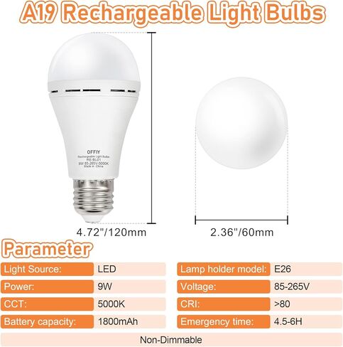 مجموعة لمبات الإضاءة القابلة لإعادة الشحن وأغطية التوصيل، بطارية عالية السعة 1800 مللي أمبير في الساعة، 9 وات، 750 لومن، 5000 كلفن لمبات الإضاءة في حالات الطوارئ لانقطاع التيار الكهربائي، مصابيح إضاءة LED A19 E26، 4 قطع مع أغطية توصيل و4 خطافات in Kuwait