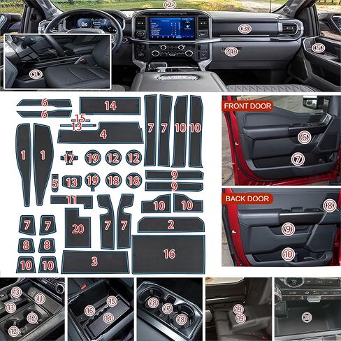 SENSHINE لملحقات Ford F150 2021 2022 2023 2024 حامل أكواب مضاد للانزلاق ومضاد للغبار وإدراج بطانة وحدة التحكم المركزية وحصائر حزمة الباب الداخلية المخصصة الفاخرة مجموعة 38 قطعة (دلو SuperCrew) (زخرفة زرقاء) in Saudi Arabia