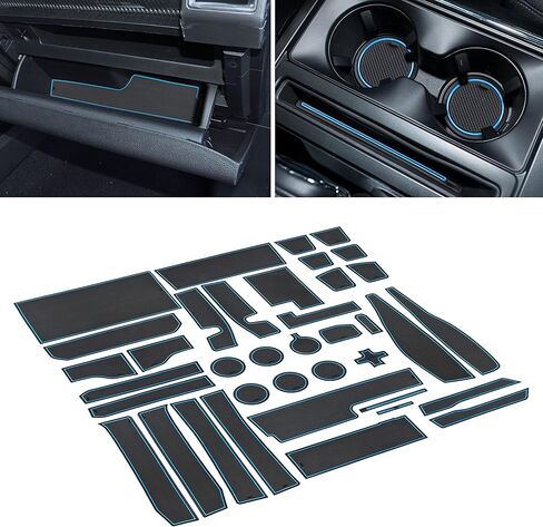 SENSHINE لملحقات Ford F150 2021 2022 2023 2024 حامل أكواب مضاد للانزلاق ومضاد للغبار وإدراج بطانة وحدة التحكم المركزية وحصائر حزمة الباب الداخلية المخصصة الفاخرة مجموعة 38 قطعة (دلو SuperCrew) (زخرفة زرقاء) in Saudi Arabia