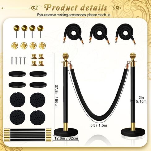 4 قطع من أعمدة الدعامات الذهبية السوداء مع 3 قطع حبل مخملي أحمر بطول 5 أقدام، مجموعة دعامات حبل مخملية حمراء حواجز التحكم في الحشود، دعامات وحبال مخملية، أعمدة السجادة الحمراء لمستلزمات الحفلات in Kuwait