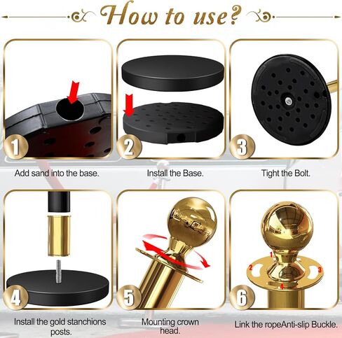 4 قطع من أعمدة الدعامات الذهبية السوداء مع 3 قطع حبل مخملي أحمر بطول 5 أقدام، مجموعة دعامات حبل مخملية حمراء حواجز التحكم في الحشود، دعامات وحبال مخملية، أعمدة السجادة الحمراء لمستلزمات الحفلات in Kuwait