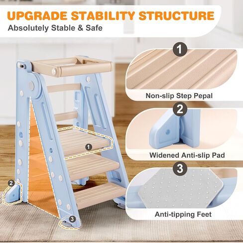 Gimars Foldable Toddler Step Stool for Learning & Cooking, Adjustable 2 Steps to 3 Steps Montessori Toddler Tower for Ages 2-6, Plastic Step Stool for Kitchen & Bathroom Sink,Easy to Clean,Grey in Saudi Arabia