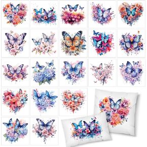 Whaline 20 Sheets Summer Flower Butterfly Iron on Stickers Watercolor Floral Heat Transfer Vinyl Decals Assorted Colorful HTV Adhesive Craft Vinyl for Clothing DIY Fabric Decor