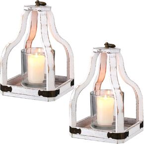 2 Pcs Farmhouse Wood Lantern Decor 2 Size Outdoor Rustic Candle Lantern Whitewash Candle Holders Table Decorative Lanterns for Home Decor Wedding, 7.48 x 7.48 x 12.99'', 6.69 x 6.69 x 9.84'' in Saudi Arabia