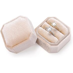Velvet Ring Box, Octagon Velvet Jewelry Ring Box Storage 2 Slots Ring Holder Box for Proposal, Engagement, Wedding Ceremony (Champagne)