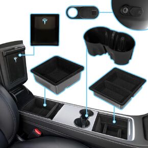 5PCS 2023 2022 2021 Tesla Model Y Model 3 Flocking Center Console Organizer Refresh Console Upgraded Accessories with Hidden Armrest Storage Box Cup Holder Webcam Cover Hidden Drawer Box