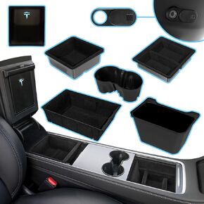 5 قطعة 2023 2022 2021 Tesla Model Y Model 3 منظم وحدة التحكم المركزية المتدفقة تحديث وحدة التحكم الملحقات المحدثة مع صندوق تخزين مسند الذراع المخفي وحامل الكأس وغطاء كاميرا الويب وصندوق درج مخفي