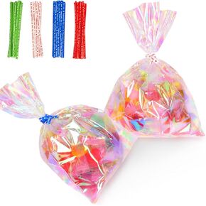 kamachic 120 PcsIridescent Cellophane Treat Bags 5x7 Inch, Holographic Candy Bags with Ties, Clear Favor Bags for Weddings, Baby Shower, Homemade DIY