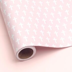LDGOOAEL Mini Wrapping Paper Roll - Reversible Design (17" X 32.8 Feet) - Pink Cross for Birthday, Baby Shower