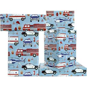 Black/Blue & White Police Car, White Ambulance, Red FireTruck and Helicopter On Off-blue Emergency City Rescue Theme Vehicle Transpoart Wrapping Paper - 6 Folded Flat Sheets 20 x 28 Inches Per Sheet