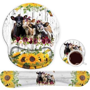 Ergonomic Mouse Pad Wrist Support Gel and Keyboard Wrist Rest Set for Laptop, Mac, Gaming and Office, Durable, Comfortable and Pain Relief + Coaster, Animal Flowers Sunflowers and Cows
