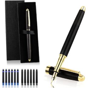 TIESOME Brass Wooden Fountain Pen Set, Vintage Luxury Wood Fountain Pen 0.5mm with 12 Pcs 2.6mm Ink Cartridges and Box Retro Fine Point Pens Calligraphy Pens Smooth Writing for Journaling Gift(B)