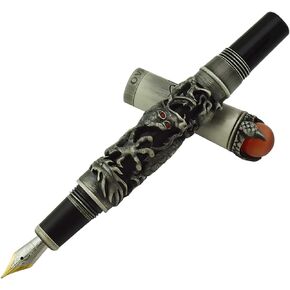 قلم حبر Jinhao Dragon King ذو تصميم معقد وخلفية حمراء مع مجوهرات في الأعلى مع حقيبة قلم