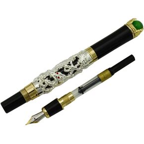 Jinhao Ancient Golden Dragon Fountain Pen Medium Nib Size Playing Pearl Green Jewelry with pen pouch