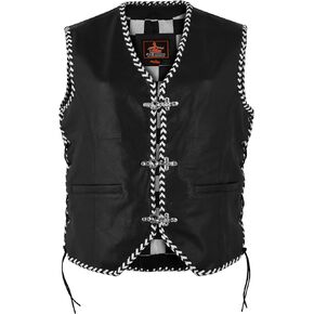 Men's Biker Rider Motorcycle stylish Black Cowhide leather sleeveless vest With white & Black Edging