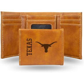 Rico Industries NCAA Texas Longhorns Men’s Tri Fold Brown Wallet- Premium 10 Pocket Laser-Engraved Team Logo on Vegan Leather- Minimalist Design, Flip ID Window, Credit Card Holder- Ideal Men’s Gift