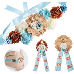 Blue Teddy Bear Maternity Sash Belt for Baby Shower Mommy To Be & Daddy To Be Badge Corsage Pin Set for Teddy Bear Baby Shower Decorations Supplies
