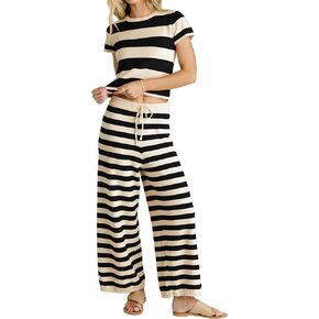 MISSACTIVER Women's Striped Two Piece Sweater Outfits Short Sleeve Pullover Tops and High Waisted Wide Leg Pants Lounge Sets