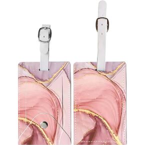 ANDRIU 2 Pack Leather Luggage Tags for Suitcase Cute Unique Suitcase Tags Identifiers with Button Closure Privacy Name Address Labels for Women Man Girl Travel (Marble Pretty Pink)