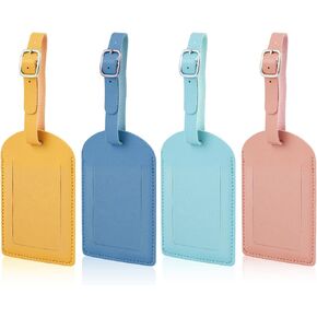 4pcs Leather Luggage Tag, Suitcase Tags Identifiers Luggage Labels Tags with Adjustable Strap Privacy Protection Cover for Suitcases Travelling (Pink, Turmeric, Haze Blue, Light Blue)