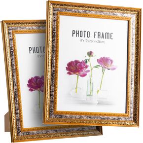 مجموعة إطارات صور مقاس 8 × 10 مكونة من قطعتين، إطارات صور عتيقة مزخرفة تعرض صورًا مقاس 5 × 7 مع حصيرة أو 8 × 10 بدون حصيرة، إطارات صور ذهبية عتيقة، إطار صور أنيق مقاس 8 × 10 لعرض الحائط والطاولة