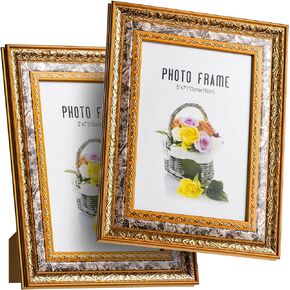 5x7 Picture Frame Gold Vintage Set of 2, Antique Gold Picture Frames Display Pictures 4x6 with Mat or 5x7 without Mat, Rustic Gold Vintage Photo Frame 5 x 7 for Wall & Tabletop Display