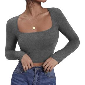 Ekouaer Womens Long Sleeve Shirts Square Neck Crop Tops Slim Fit Thermal T Shirts Basic Cotton Stretchy Tee