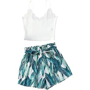 Verdusa Women's 2 Pieces Scallop Trim Cami Top with Tropical Print Paperbag Waist Belted Shorts