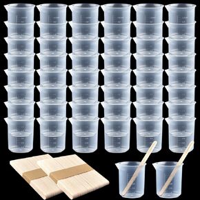 Coopay 30 Pack 100ml/3.4oz Epoxy Mixing Cups, Plastic Graduated Cups Clear Multipurpose Measuring Cups with 100 Pack Wooden Stirring Sticks for Resin, Epoxy, Stain, Mixing Paint