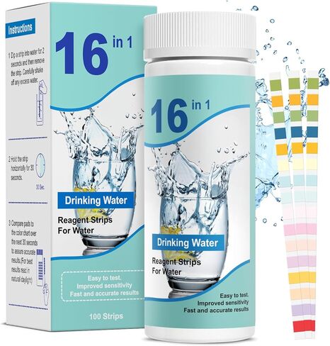 Drinking Water Test Kit Strips: Drinking Water Test Kit - Home Water Testing Kits for Well Tap - Well Water Testing Strips 16 in 1 and 100 Strips for Lead Hardness pH Iron Copper Chlorine and More in Kuwait