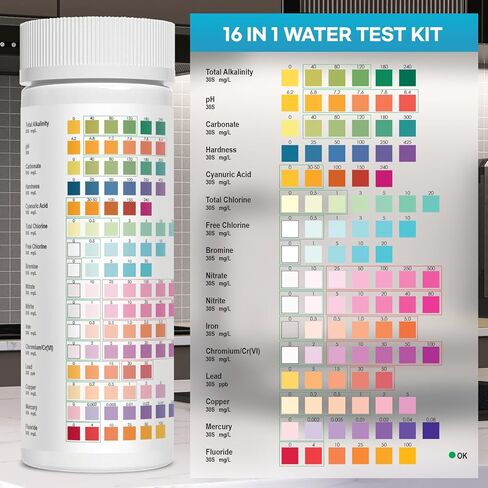 Drinking Water Test Kit Strips: Drinking Water Test Kit - Home Water Testing Kits for Well Tap - Well Water Testing Strips 16 in 1 and 100 Strips for Lead Hardness pH Iron Copper Chlorine and More in Kuwait