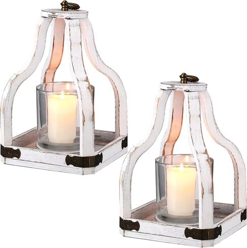 2 Pcs Farmhouse Wood Lantern Decor 2 Size Outdoor Rustic Candle Lantern Whitewash Candle Holders Table Decorative Lanterns for Home Decor Wedding, 7.48 x 7.48 x 12.99'', 6.69 x 6.69 x 9.84'' in Saudi Arabia